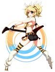  :p alternate_costume alternate_hairstyle ass belt blonde_hair blue_eyes breasts electric_guitar guitar hair_ribbon highres instrument kagamine_rin looking_at_viewer mikumikudance penguin_caee ribbon short_hair short_shorts shorts sideboob solo striped striped_legwear thigh-highs thighhighs tongue twintails vocaloid white_background 