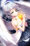  angel angel_wings bare_shoulders blue_eyes breasts cleavage collarbone dress expressionless eyepatch feathers gilse halo holding iri_flina jack-o'-lantern jewelry lowres nail_polish necklace short_hair silver_hair skull strapless sword_girls wings 