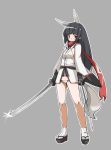  anabuki_tomoko animal_ears black_eyes black_hair grey_background japanese_clothes katana long_hair nacl panties scarf simple_background solo strike_witches sword tail underwear weapon 