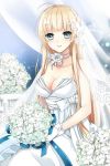  bangs bare_shoulders blonde_hair blunt_bangs blush bouquet bow breasts cleavage collarbone dress flower gloves green_eyes grin helena_k_sink helena_k_sync holding jewelry long_hair lowres m-ca mca necklace open_mouth ribbon rose sitting smile strapless sword_girls veil very_long_hair wedding_dress 