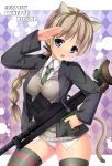  :d animal_ears anti-tank_rifle argyle argyle_background blue_eyes blush boys_anti_tank_rifle braid cat_ears cat_tail character_name gun heart highres holding kuragari looking_at_viewer lynette_bishop necktie open_mouth panties salute shirt single_braid smile solo strike_witches striped striped_legwear tail thigh-highs thighhighs thighs weapon weapon_request 