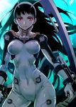  antennae bai_hua black_hair bodysuit breasts character_request clothed_navel cover_image highres lips long_hair looking_at_viewer official_art red_eyes sanzhuangwangcat school_shock solo very_long_hair weapon young_bee 