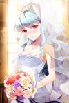  bare_shoulders blue_hair blush bouquet breasts cleavage dress flower gilse gloves grin holding jewelry linus_falco long_hair lowres necklace open_mouth ponytail red_eyes rose smile strapless sword_girls tiara veil veins very_long_hair wavy_hair wedding_dress 
