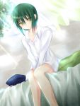  androgynous angel_beats! bed curtains dress_shirt green_hair hat hat_removed headwear_removed higashimura highres naoi_ayato shirt short_hair sitting window yellow_eyes 