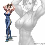  adjusting_hair armpits breasts chun-li double_bun earrings gotgituey highres jewelry large_breasts muscle shoes smile street_fighter street_fighter_zero unitard watermark web_address zoom_layer 