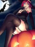  :q bare_shoulders bat blue_eyes breasts crossed_legs elbow_gloves from_below full_moon garter_straps gloves hat jack-o&#039;-lantern kisaragi_yakumo looking_at_viewer moon night original red_hair redhead short_hair sitting solo thighhighs tongue witch_hat 