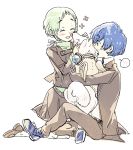  1boy 1girl aqua_hair arisato_minato blue_hair blush closed_eyes couple dog eyes_closed green_hair hug kneeling koromaru open_clothes open_mouth persona persona_3 school_uniform short_hair simple_background sitting skirt smile sutei sutei_(giru) thighhighs tongue white_background white_thighhighs yamagishi_fuuka 