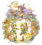  blonde_hair deku flute forest grass green_hair hand_holding hat holding_hands horror_kid in_tree instrument lantern link mask musical_note nature navi ocarina_of_time open_mouth playing_instrument pointy_ears saria shield sitting sitting_in_tree skull_kid straw_hat sword the_legend_of_zelda tree vio_(dry-trail) weapon wristband young_link 