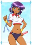  baton bikini_bottom bob_cut dark_skin earrings erect_nipples fushigi_no_umi_no_nadia green_eyes hair_ornament hairclip hand_on_hip headband itoji jewelry midriff nadia navel purple_hair short_hair smile solo thumbs_up wristband 