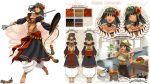  anklet barefoot brown_hair character_sheet choker cooking dark_skin earrings end_breaker! expressions fan feet flower gypsy hair_flower hair_ornament happy harem_pants jewelry kitchen midriff navel necklace pepper plant potted_plant red_eyes skirt smile staff tomato turnaround 