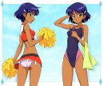  back bare_shoulders bob_cut cheerleader competition_swimsuit earrings erect_nipples fushigi_no_umi_no_nadia hair_ornament hairclip hand_behind_head itoji jewelry light_smile looking_back microskirt midriff nadia one-piece_swimsuit panties pantyshot pom_poms purple_hair short_hair skirt smile swimsuit time_paradox towel underwear 