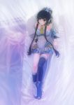  bed detached_sleeves end_(wzjwll) hair_rings hair_tubes highres looking_up luo_tianyi mismatched_legwear mosquito_net pillow vocaloid 