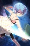  bangs blue_hair clenched_hand clenched_teeth esprit glasses holding leg_up lowres parted_bangs pleated_skirt purple_eyes ribbon skirt slippers sword_girls violet_eyes 