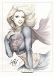  1girl alien blue_eyes cape dc_comics female kryptonian long_sleeve long_sleeves marker_(medium) midriff muted_color navel s_shield signature skirt smile solo stanley_lau supergirl traditional_media wind 