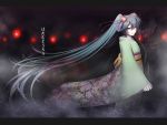  blue_hair flower hair_ornament hatsune_miku japanese_clothes jespersen kimono long_hair red_eyes smile solo twintails vocaloid 