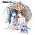  album_cover arch boots cover dress gloves hagiwara_yukiho hair_ornament hand_holding highres holding_hands idolmaster kisaragi_chihaya logo looking_at_viewer multiple_girls official_art sitting snow snowflakes title_drop white_dress window winter 