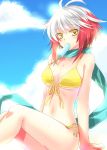  bikini blue_background mouth_hold multicolored_hair pascal popsicle red_hair redhead scarf short_hair sitting solo sumomo_(peach-breath) swimsuit tales_of_(series) tales_of_graces two-tone_hair white_hair yellow_bikini yellow_eyes 