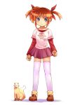  blue_eyes brown_hair ferret kouno_hikaru lyrical_nanoha mahou_shoujo_lyrical_nanoha simple_background skirt smile takamachi_nanoha thigh-highs thighhighs yuuno_scrya zettai_ryouiki 