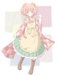  apron bell boots bow character_name checkered checkered_shirt clothes_writing cross-laced_footwear hair_bell hair_ornament jingle_bell lace-up_boots long_sleeves looking_at_viewer motoori_kosuzu red_eyes red_hair redhead shino_megumi short_hair smile solo touhou twintails wide_sleeves 