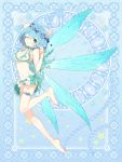  bare_legs barefoot bikini blue_hair bowtie end_breaker! fairy fairy_wings flower green_eyes head_wreath pale_skin short_hair swimsuit wings wink 