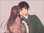  1girl axis_powers_hetalia black_hair blush brown_hair cheek_kiss chinese_clothes couple flower hair_flower hair_ornament japan_(hetalia) kiss long_hair neko-lily short_hair taiwan_(hetalia) 