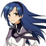  akemi_homura akemi_homura_(cosplay) blue_hair brown_eyes bust cosplay hairband idolmaster jagaimokicho kisaragi_chihaya long_hair magical_girl mahou_shoujo_madoka_magica smile solo 