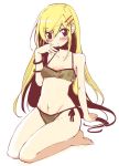  am_(going_nowhere) bangle bikini black_eyes blonde_hair blush bracelet breasts collarbone hair_ornament jewelry kneeling long_hair looking_at_viewer mound_of_venus navel original side-tie_bikini solo swimsuit white_background 