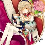  alternate_costume cake checkerboard_cookie cookie cup elsword eve_(elsword) flower food forehead_jewel gloves hairband oao pantyhose plate sitting solo teacup teapot white_legwear 