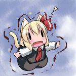  1girl animal_ears blonde_hair cat_ears cat_tail dress_shirt hair_ribbon hoshizuki_(seigetsu) necktie open_mouth outstretched_arms purumia ribbon rumia shirt short_hair skirt skirt_set solo tail touhou trembling |_| 