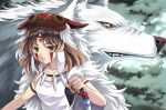  brown_eyes brown_hair cloth facial_mark headpiece jewelry kouno_hikaru looking_at_viewer mononoke_hime moro necklace san teeth weapon wolf yellow_eyes 