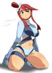  1girl blue_eyes breasts female fuuro_(pokemon) gloves kneeling long_sleeves looking_at_viewer looking_down midriff pokemon pokemon_(game) pokemon_bw red_hair redhead short_shorts shorts simple_background solo text thighs translated white_background 