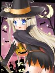  1girl bat bat_wings blonde_hair blue_eyes cape gloves halloween hat jack-o&#039;-lantern jack-o'-lantern little_busters!! long_hair looking_back moguchi moon noumi_kudryavka pumpkin thigh-highs thighhighs wings witch_hat 