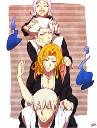  2girls bleach blue_eyes breasts cleavage closed_eyes eyes_closed green_eyes hitsugaya_toushirou ichimaru_gin jewelry kusajishi_yachiru large_breasts matsumoto_rangiku motsu_(f0204) multiple_boys multiple_girls necklace orange_hair pink_hair silver_hair 