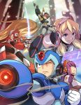  3boys alia_(rockman) arm_cannon axl blonde_hair breasts damaged dual_wielding energy_sword gary_yeung green_eyes gun handgun helmet highres layer long_hair multiple_boys multiple_girls rockman rockman_x sword under_boob underboob very_long_hair weapon x_(rockman) zero_(rockman) 