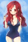  arm_up artist_request blush breasts cleavage collarbone glasses glasses_removed long_hair lowres one-piece_swimsuit red_eyes red_hair redhead swimsuit sword_girls vernika_answer wavy_hair 