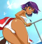  bare_shoulders bent_over bird bob_cut bracelet dutch_angle earrings from_behind fushigi_no_umi_no_nadia green_eyes hair_ornament hairclip itoji jewelry loincloth looking_back nadia neck_ring necklace panties pantyshot purple_hair railing short_hair smile tubetop underwear 