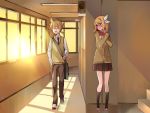  1girl bag blazer blonde_hair blue_eyes blush brother_and_sister closed_eyes embarrassed eyes_closed gift hair_ribbon highres kagamine_len kagamine_rin open_mouth ribbon school_uniform short_hair siblings skirt standing sunset sweater_vest tears temari_(deae) twins vocaloid yawning 