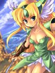  blonde_hair blue_eyes breasts cleavage head_wings helmet kouno_hikaru panties pantyshot polearm riesz seiken_densetsu seiken_densetsu_3 sky underwear weapon winged_helmet 