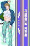  1boy abs blonde_hair blue_eyes blue_jacket bomber_jacket dakimakura jacket jeans jogoratohiyoko keith_goodman midriff no_shoes shoes sneakers solo tiger_&amp;_bunny 