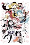  6+girls aji akemi_homura black_hair blonde_hair blue_hair bow braid charlotte_(madoka_magica) cup dress food glasses hair_bow hat kaname_madoka kyubey long_hair magical_girl mahou_shoujo_madoka_magica mahou_shoujo_madoka_magica_movie miki_sayaka momoe_nagisa multiple_girls oktavia_von_seckendorff pantyhose pink_hair polearm redhead sakura_kyouko short_hair skirt smile spear teacup thighhighs tomoe_mami twin_braids twintails weapon white_hair wink witch_(madoka_magica) 