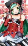  bare_shoulders cat_food_(vocaloid) detached_sleeves green_hair hatsune_miku highres long_hair open_mouth pantyhose project_diva_f solo sumeragi_tomo twintails vertical-striped_legwear vertical_stripes vocaloid yellow_eyes 