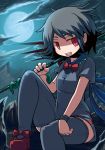  black_hair bowtie bracelet cloud clouds hakika houjuu_nue jewelry moon open_mouth polearm red_eyes rock shaded_face short_hair skirt snake teeth thigh-highs thighhighs touhou trident weapon wings 