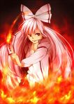  &gt;:) between_fingers fire flame fujiwara_no_mokou hair_ribbon long_hair long_sleeves looking_away ofuda orange_eyes red_eyes ribbon silver_hair smile solo tada_kaoru touhou 