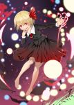  ascot barefoot blonde_hair danmaku disriv hair_ribbon hand_to_mouth long_sleeves looking_at_viewer open_mouth outstretched_arm outstretched_hand red_eyes ribbon rumia short_hair skirt skirt_set smile solo standing touhou 