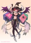  bag belt blue_eyes breasts cellphone chain chains cleavage fingerless_gloves gloves hat jewelry kilart navel original phone red_hair redhead ring shopping_bag short_hair solo wings witch_hat 