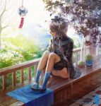  hair_tubes luo_tianyi panties plant school_uniform shoes sitting socks underwear vocaloid white_panties wind_chime yang_niangniang 
