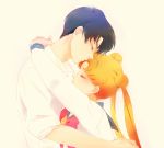  1girl bishoujo_senshi_sailor_moon black_hair blonde_hair chiba_mamoru closed_eyes couple double_bun eyes_closed hug long_hair school_uniform short_hair t_growing tsukino_usagi twintails 