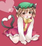  :o animal_ears blush bow brown_eyes brown_hair cat_ears chen hammer_(sunset_beach) hat heart highres multiple_tails open_mouth red_background short_hair simple_background sitting solo tail touhou 