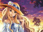  artist_request ascot bare_shoulders blonde_hair blue_eyes flower hat jewelry long_hair necklace open_mouth original smile solo sunset tree 