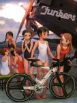  :d airplane bare_legs bare_shoulders barefoot bicycle biplane black_hair braid brown_hair flower hair_flower hair_ornament hairclip hands_on_own_chest highres laughing leaning_forward long_hair multiple_girls murata_renji one-piece_swimsuit open_mouth original red_swimsuit scan short_hair short_twintails sitting smile swimsuit tears twintails white_swimsuit 